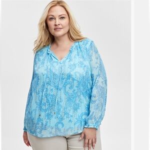 JM Collection Chiffon Tie Neck Top with Metallic Accents